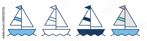 Sailboat icon set featuring flat, line art, and silhouette styles. Nautical vector elements perfect for summer vacation, sailing adventure, maritime travel, and minimalist web or app UI design