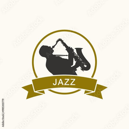 Silhouette of a jazz musician playing the saxophone inside a circle with a ribbon that says JAZZ