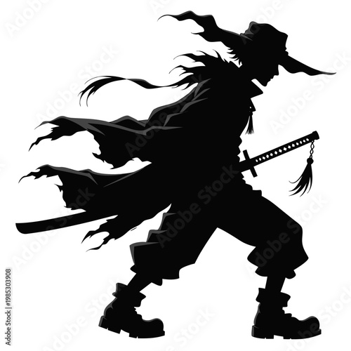 Samurai warrior silhouette with katana sword, mysterious ronin character in tattered cloak, dark fantasy assassin vector illustration on white background