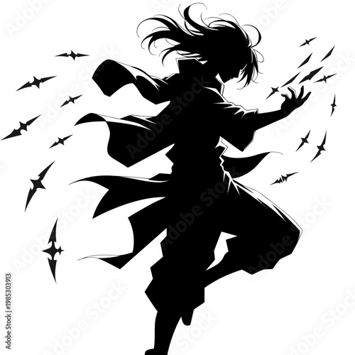 Anime ninja silhouette with flying shuriken weapons, dynamic martial arts warrior vector, black and white manga character action pose