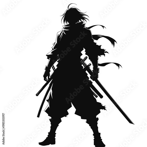 Japanese samurai silhouette vector, ronin warrior with katana swords, black and white manga style character, ancient assassin fighter illustration