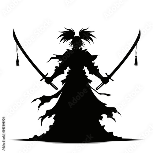 Japanese samurai warrior silhouette, dual sword ronin fighter in traditional armor, ancient katana blade master vector illustration
