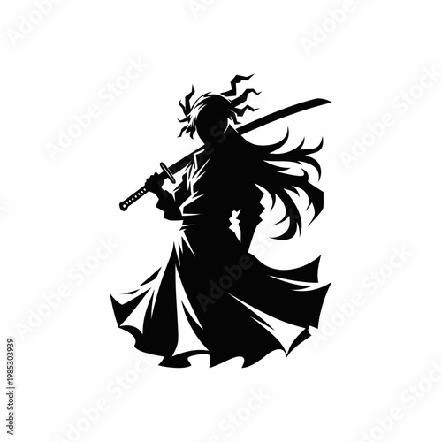 Japanese samurai warrior silhouette with katana sword, ronin fighter in traditional kimono, martial arts master vector illustration for logo or tattoo