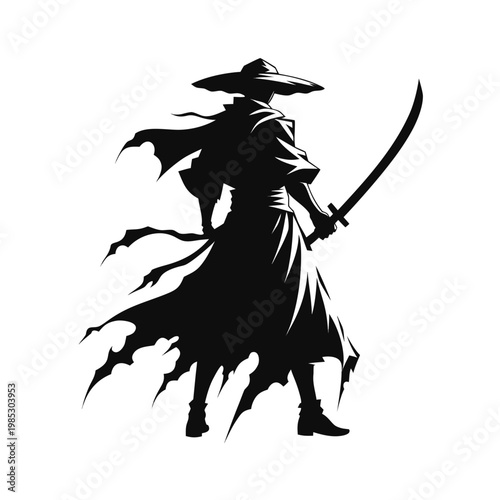 Samurai warrior silhouette with katana sword, ronin fighter in traditional japanese hat and tattered cloak, black and white martial arts vector