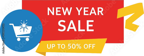 New Year Sale banner with shopping cart icon and 50 off discount perfect for retail advertising and seasonal promotions