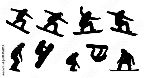 Snowboarders in various action poses.