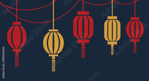 Traditional Chinese lanterns in red and gold hanging from strings against a dark blue background symbolizing celebration and culture