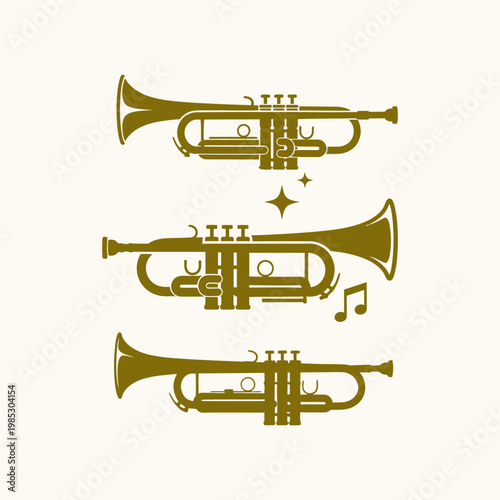 Gold Trumpet Musical Instrument Icons Set with Musical Notes and Stars for Jazz and Orchestra Design