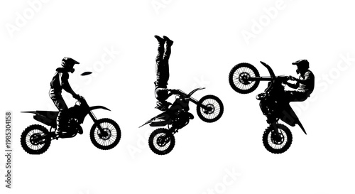 Motorcycle stunt riders performing tricks sequence.