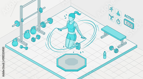 woman exercising with jump rope in gym, fitness and workout concept