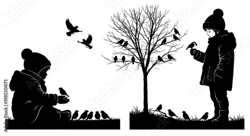 Silhouette of two girls feeding birds.