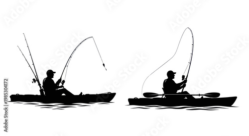 Silhouette of two men kayaking fishing.