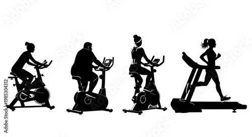 People exercising on fitness equipment silhouettes.