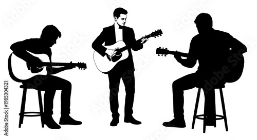 Silhouettes of men playing guitars.