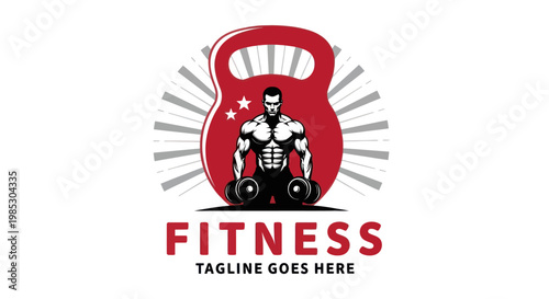 Muscular man lifting kettlebell weight.