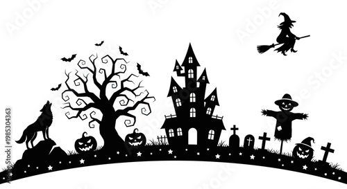 Black silhouette of a witch flying.