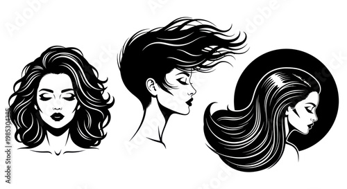 Black and white illustration of hairstyles.