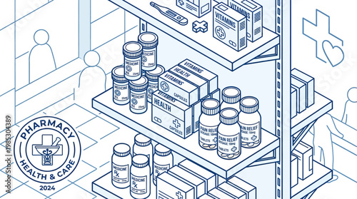 Pharmacy shelf with medicine bottles and boxes
