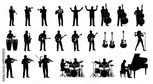 Silhouettes of musicians playing instruments.