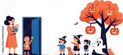 Halloween trick or treat scene with kids in costumes, spooky tree with pumpkins and ghost, festive celebration illustration in colorful flat vector style