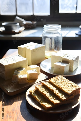 Fresh Organic Tofu Blocks and Tempeh Slices on Wooden Table for Healthy Vegan Meal Preparation