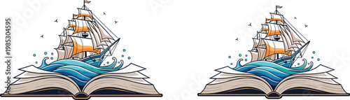 Fantasy sailing ship emerging from open book with ocean waves, imagination and storytelling concept, creative literature vector illustration isolated