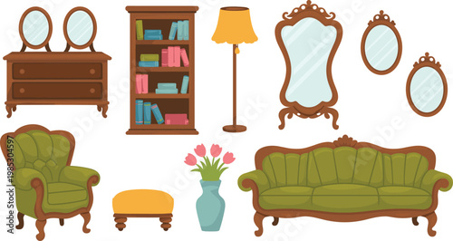 Vintage living room furniture set flat vector illustration with sofa armchair mirrors dresser bookshelf lamp and decorative interior elements