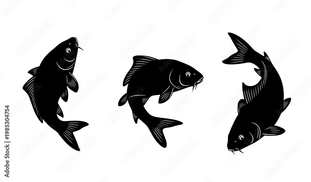 Fototapeta premium Set of carp fish silhouettes in swimming and diving poses isolated on white background
