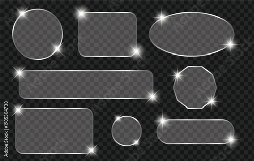 Silver transparent glass frame set with sparkling light effects vector illustration