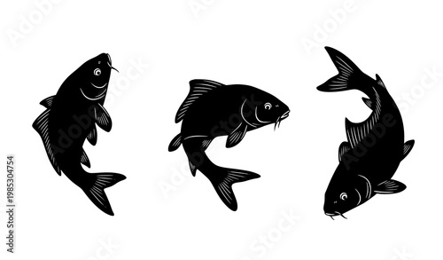 Set of carp fish silhouettes in swimming and diving poses isolated on white background