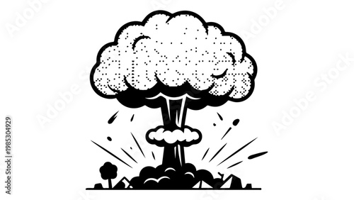Black and white illustration of a mushroom cloud explosion with atomic bomb explosion disaster shockwave illustration