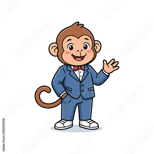 Friendly cartoon monkey character wearing a blue business suit and red bow tie, happily waving. Isolated vector illustration