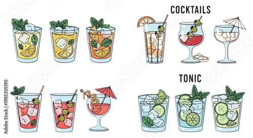 Cocktail and Tonic Vector Icons, Drink Illustrations, Alcoholic Beverage Graphics, Bar Menu Elements