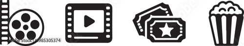 Entertainment Cinema Movie Night Icons Featuring Film Reel Tickets and Popcorn for Leisure Activities