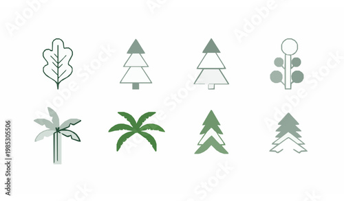 Minimal tree icons vector oak pine palm cypress geometric map design collection