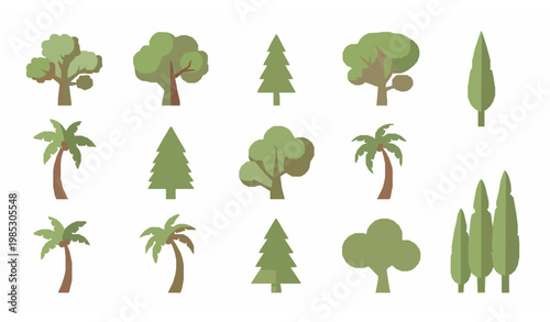 Tree species vector set oak pine palm cypress flat icons for map and landscape design