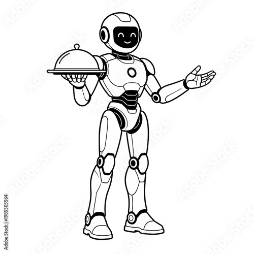 Friendly service robot illustration delivering a meal, depicting advanced automation and future hospitality technology concepts