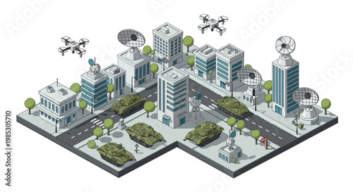 Isometric view of a modern city with tanks on the streets and surveillance drones flying overhead, depicting urban warfare or military occupation.