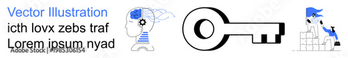 Problem solving, growth mindset, success strategies, personal achievement, innovative solutions, development. Brain with gears, a key and person climbing steps. Problem solving and growth mindset