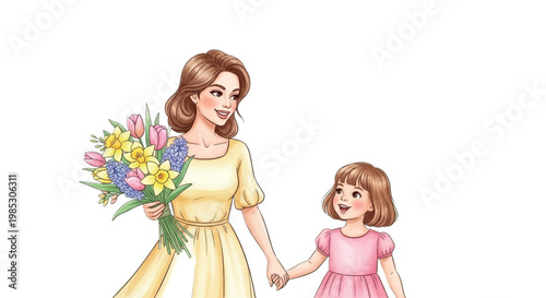 Mother, daughter, bouquet, spring, family, love, happy, illustration, vector