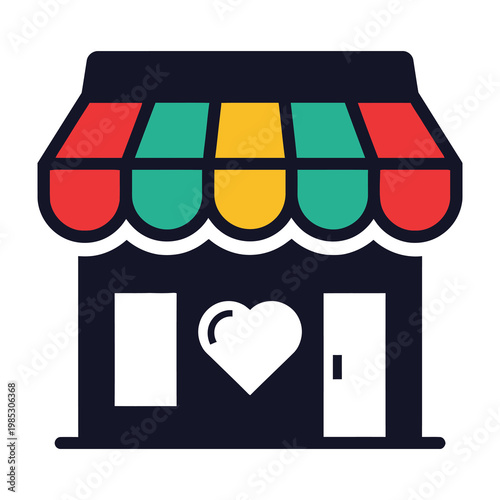 Colorful storefront with heart symbol on door graphic