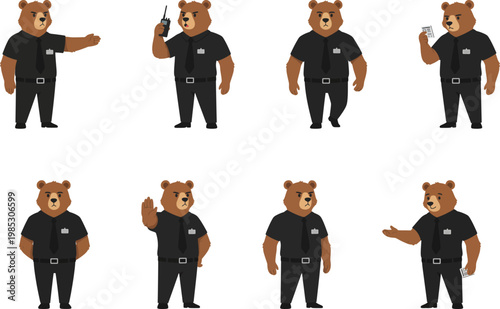 Strong Bear Security Guard Character in Black Uniform Poses