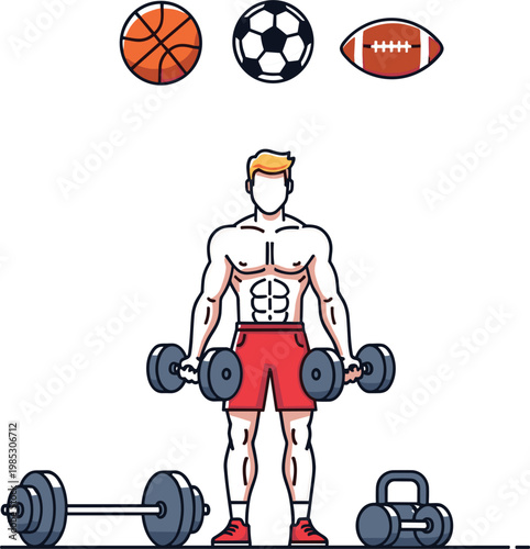 Strong athletic man lifting dumbbells in gym, fitness workout illustration with sports balls icons, bodybuilding training and healthy lifestyle concept design