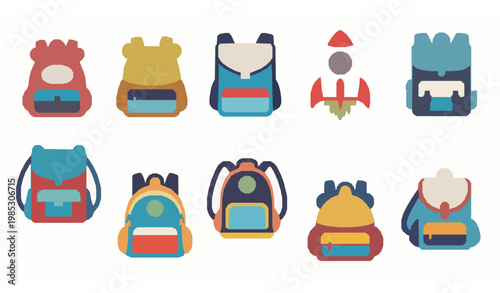 Colorful Kids Backpacks Set with Cute Animal Faces and Rocket Theme