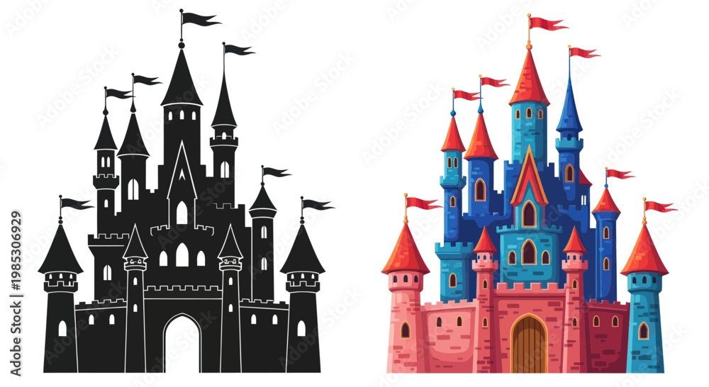 Obraz premium Fantasy Castle Silhouette and Colorful Illustration