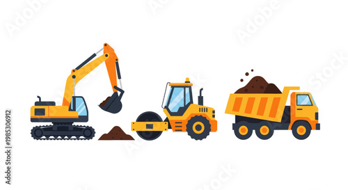 Construction Vehicles: Excavator, Steamroller, Dump Truck - Vector Illustration