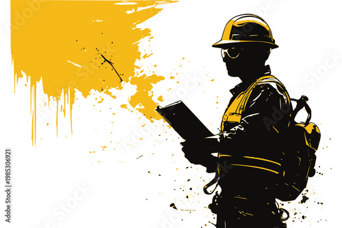International Labour day ,Construction engineer holding tablet silhouette with yellow paint stroke background, modern site inspection and digital workflow concept