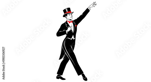 Dapper Man in Top Hat and Tuxedo Performing a Dance Move