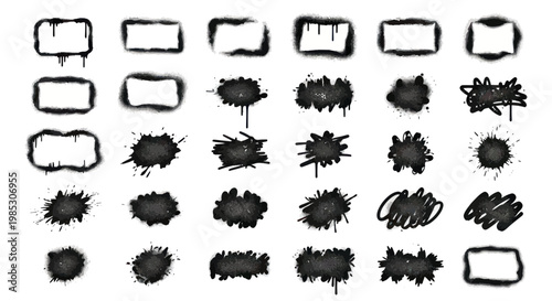 Graffiti Spray Paint Splatter Frames and Textures - Black on White Background