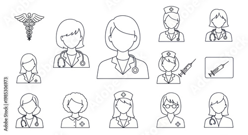 Medical Icons: Doctors, Nurses, Caduceus, Syringe - Healthcare Line Art